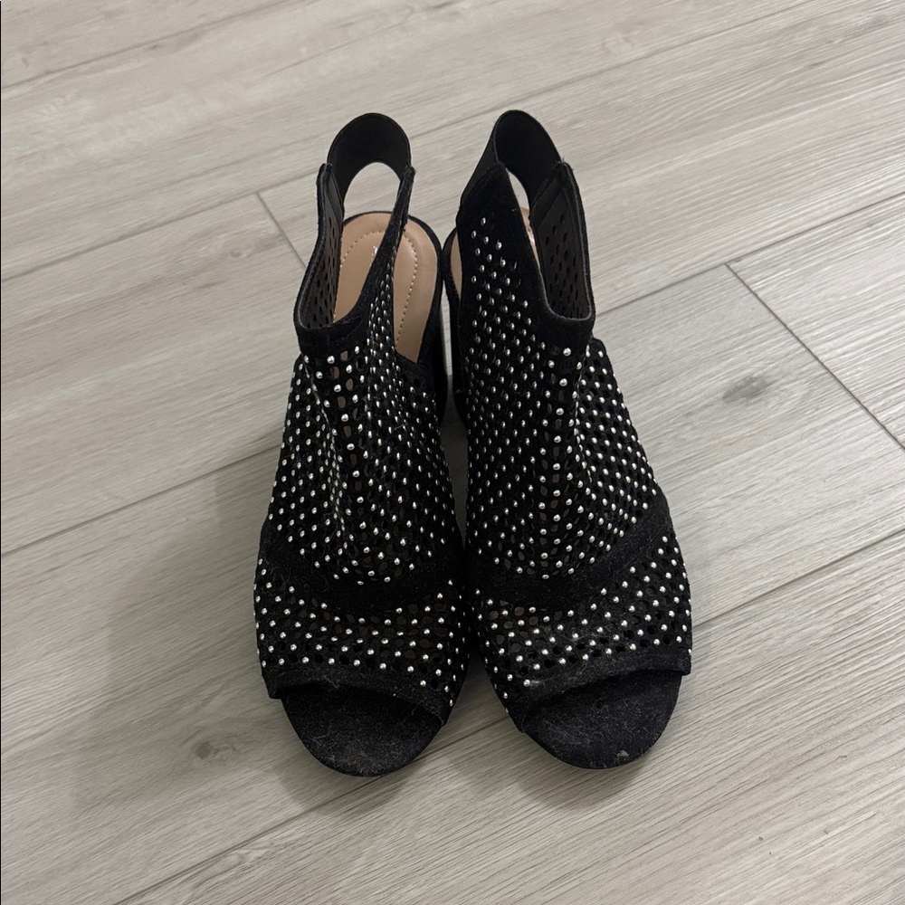 Andrew Geller Black Studded Open-Toe Slingback Heels